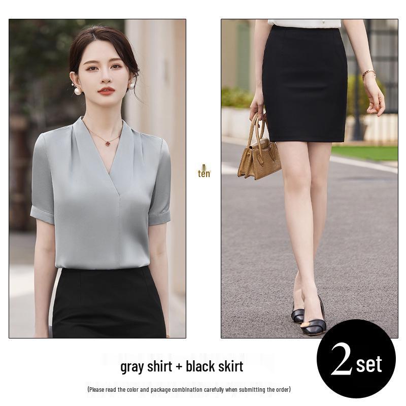 White Women's V-Neck Short Sleeve Shirt - Summer Professional Wear for a Goddess Style