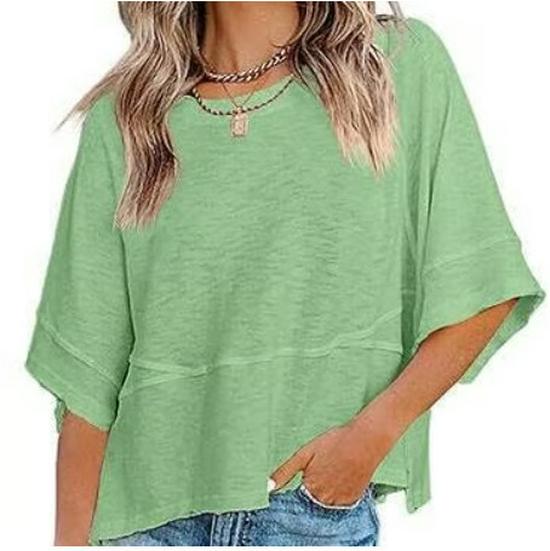 Camiseta Feminina Solta Colorida Sólida com Mangas Sino Tendência 2025
