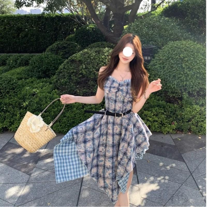 Blue Tie-Dye Plaid Sleeveless A-Line Dress Women 2026 Vacation Style Irregular Hem Slim Fit Small