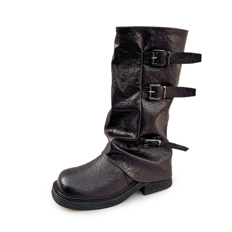 Thick-soled Martin boots women's 2025 autumn and winter new fashionable belt buckle short boots square round head pleated medium tube knight boots