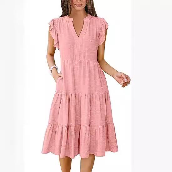 2025 Women's V-Neck Ruffle Sleeve Patchwork Midi Dress with Pockets