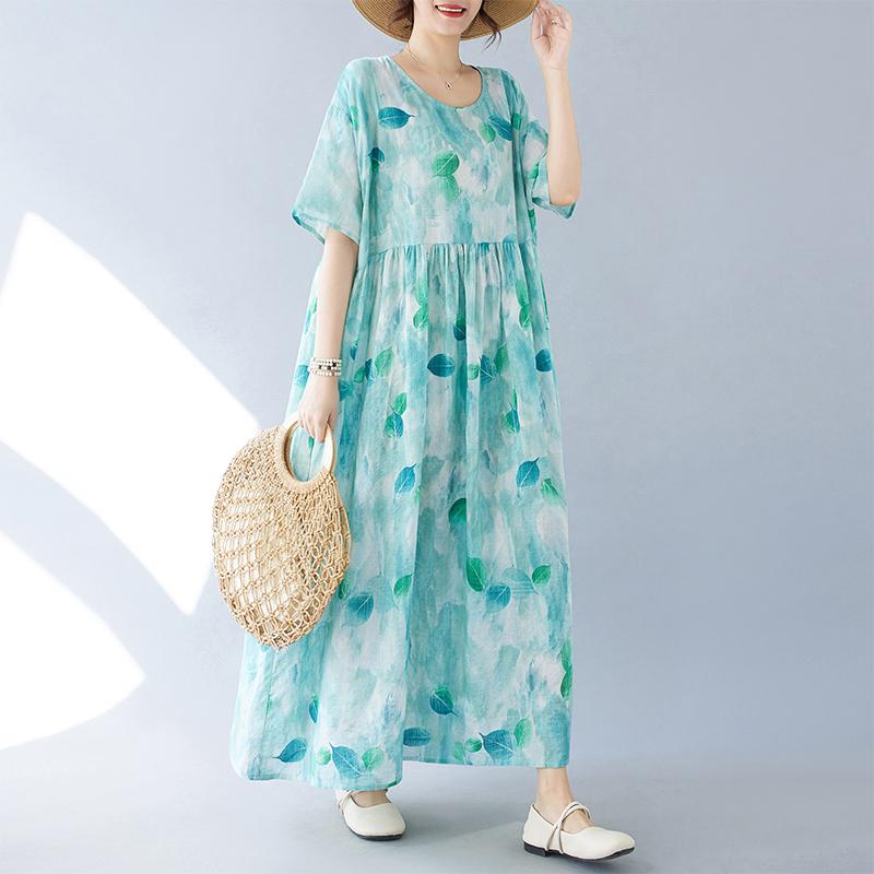 

DIMANAF Женское платье больших размеров 2024, новое летнее стильное платье с круглым вырезом и цветочным принтом, зеленое льняное базовое платье 1096 One Size синий