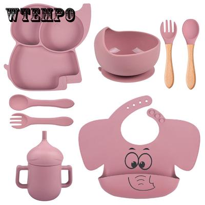 Ensemble de vaisselle en silicone pour bébé éléphant 8 pièces/ensemble plats d'alimentation pour bébé sans BPA bol assiette bavoirs cuillère fourchette ensembles enfants vaisselle antidérapante