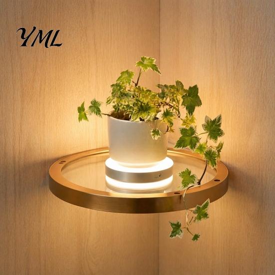 Space Saving Floating Plant Stand Wall Shelf with LED Light, Modern Gold Metal Display Rack Luxury Organizer for Plants Book, Mounted Decor