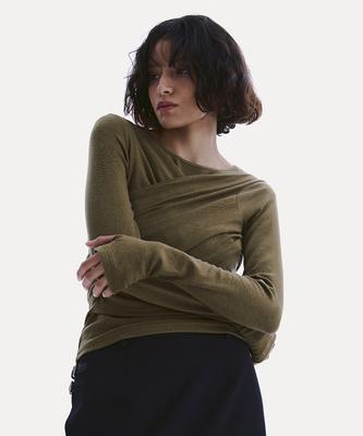 Uusoo Tencel Wrap Long Sleeve Top_ Olive