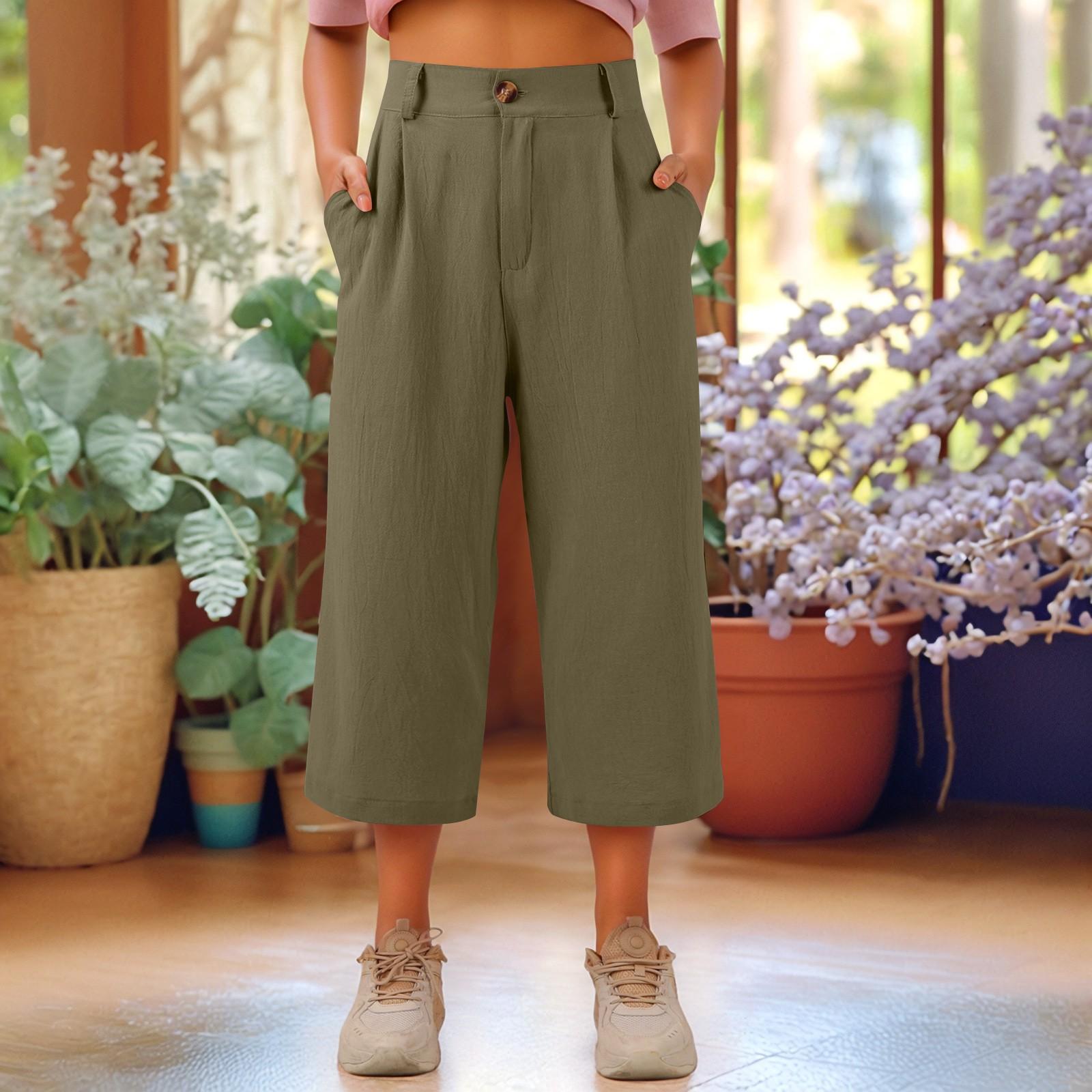 

Capris Pants For Women Cotton Linen Casual Summer Straight Wide Leg Loose Drawstring Elastic Waist Cropped Trouser XXL