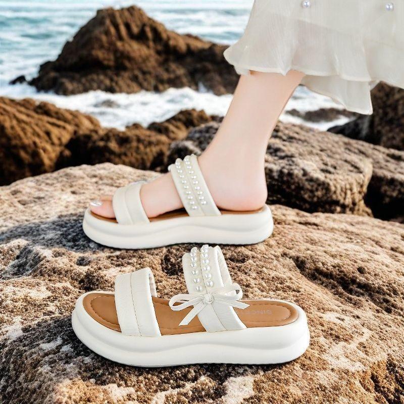 

Bow beaded slippers women s summer wear new muffin platform shoes fashionable one-word cool slippers 35
