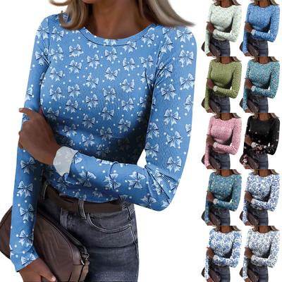 Damski T-shirt Slim Fit Modny Casualowy z Nadrukiem Gradientowym Okrągły Dekolt Pulower Długi Rękaw Top