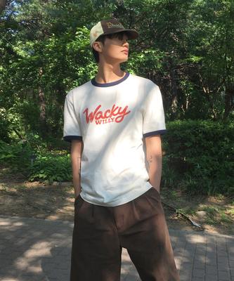WACKY WILLY Typo Ringer Short Sleeve T-Shirt Cream