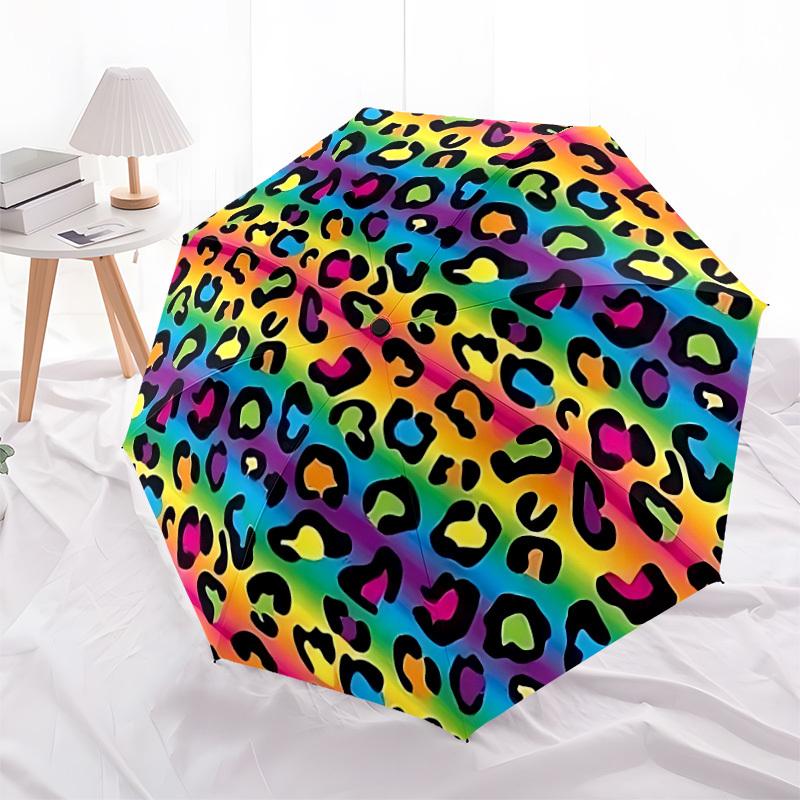 1pc Rainbow Leopard Print Folding Umbrella | Elegant Design, Fashionable Accessory, Durable Construction, Sturdy Ribs yy251107011
