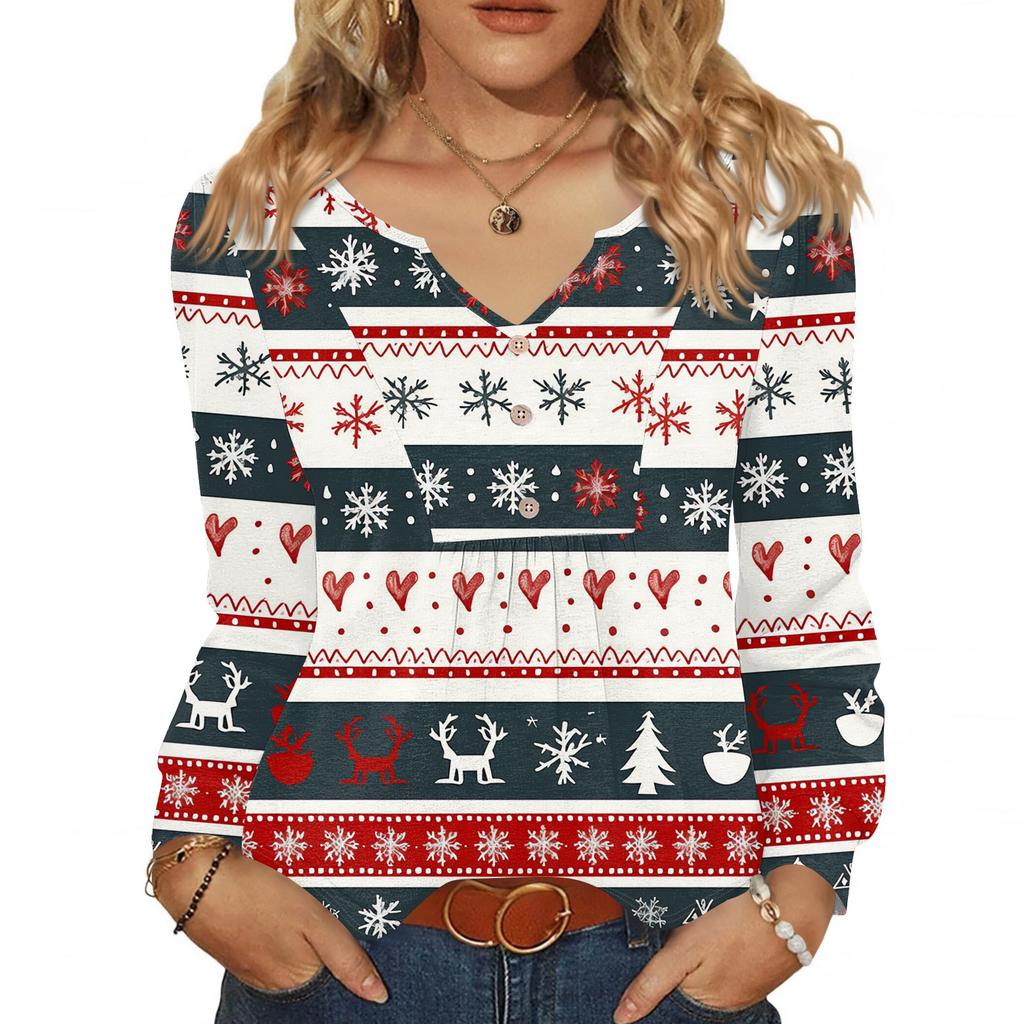 Women's Fashionable Casual V-neck Blouse Button Christmas Printed Long-sleeved Pullover T-shirt Top