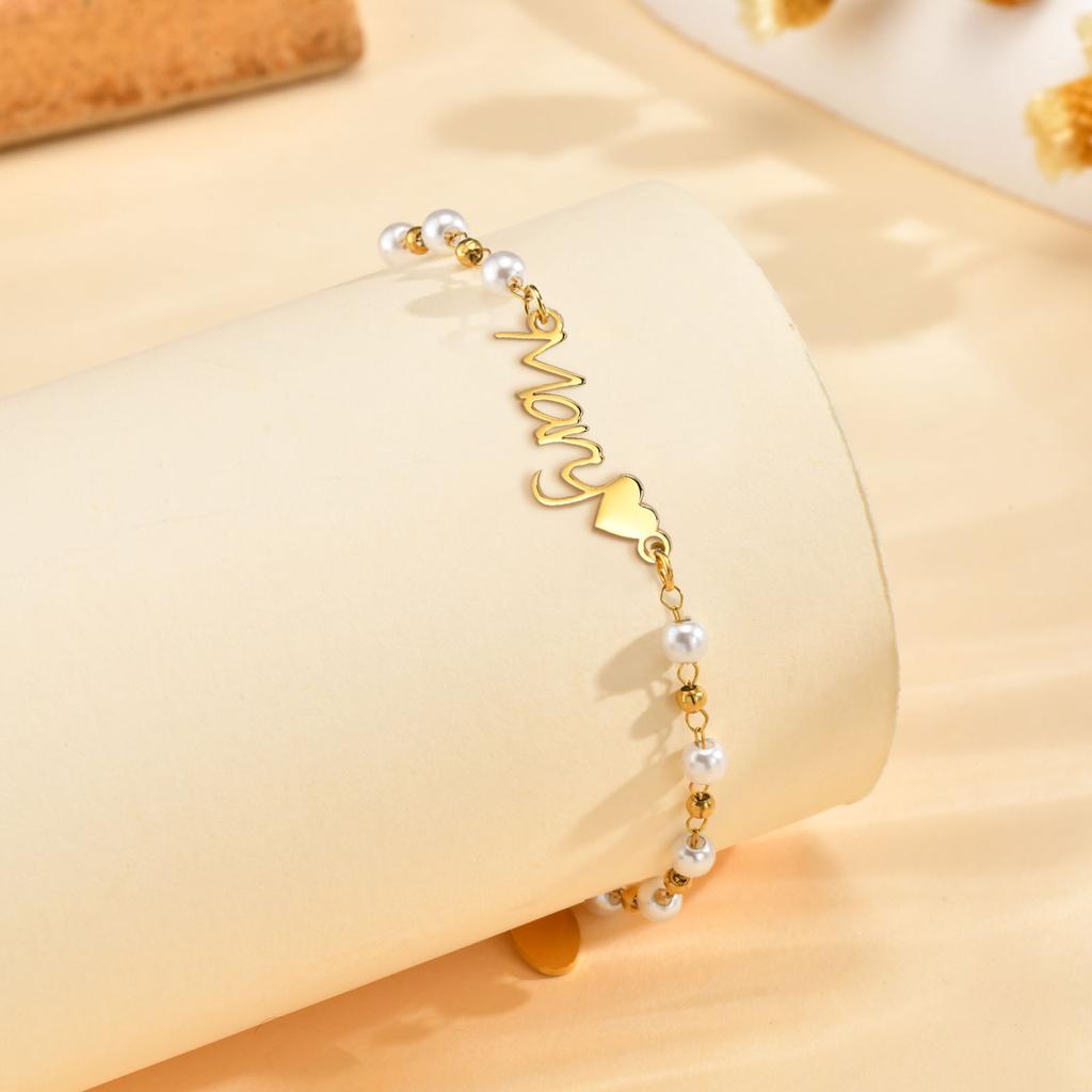 Customized Pearl Name Bracelet Waterproof Stainless Steel Personalized Script Nameplate Adjustable Chain