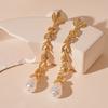 Metallic diamond-set flower leaf imitation bead silver needle earrings personalized long fringed temperament earrings