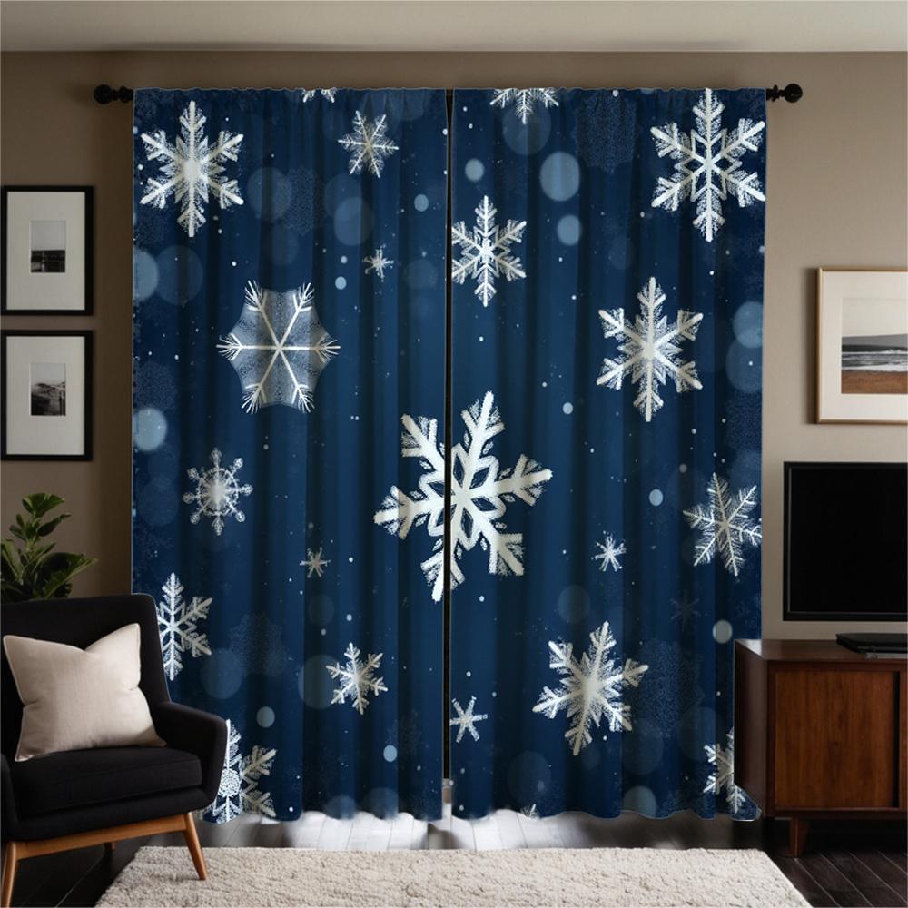 

2pc Winter Snowflake Curtains - Dark Blue Curtains with White Snowflakes for Living Rooms Bedrooms - Machine Washable Polyester 100*130 HOOK 1pcs