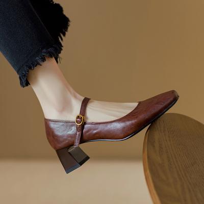 French Retro Square Head with High Heels 2025 Spring and Autumn New Thick Heel Medium Heel Mary Jane Women's Single Shoes