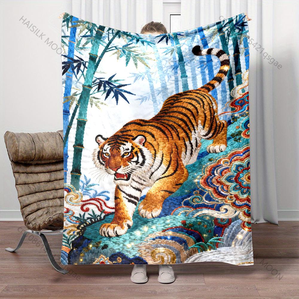Embroidered Pattern with Tiger and Bamboo Blanket Suitable for Home Bedroom Sofa Travel Camping Blanket Various Sizes for Gifts