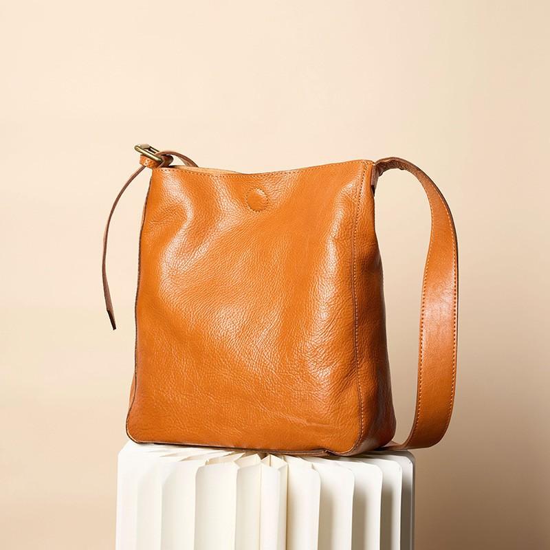 Vintage Oberleder Baum Rinderleder pflanzlich gegerbt Große Kapazität Tragetasche Damen Pendeln Einzelne Schulter Crossbody Eimer