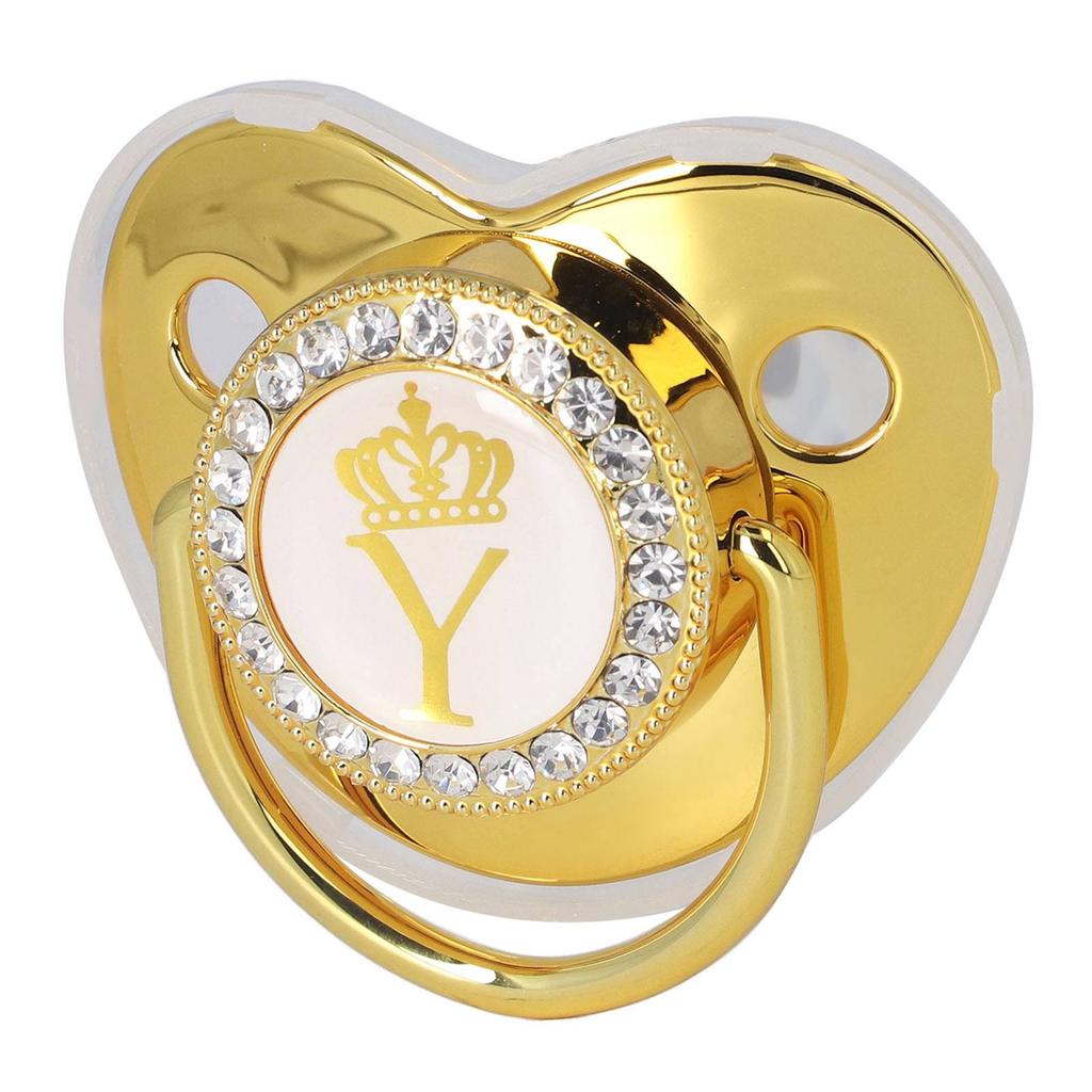Baby Pacifier Infant Portable Exquisite Golden Crown Letter Rhinestone Pacifier with Chain Clip