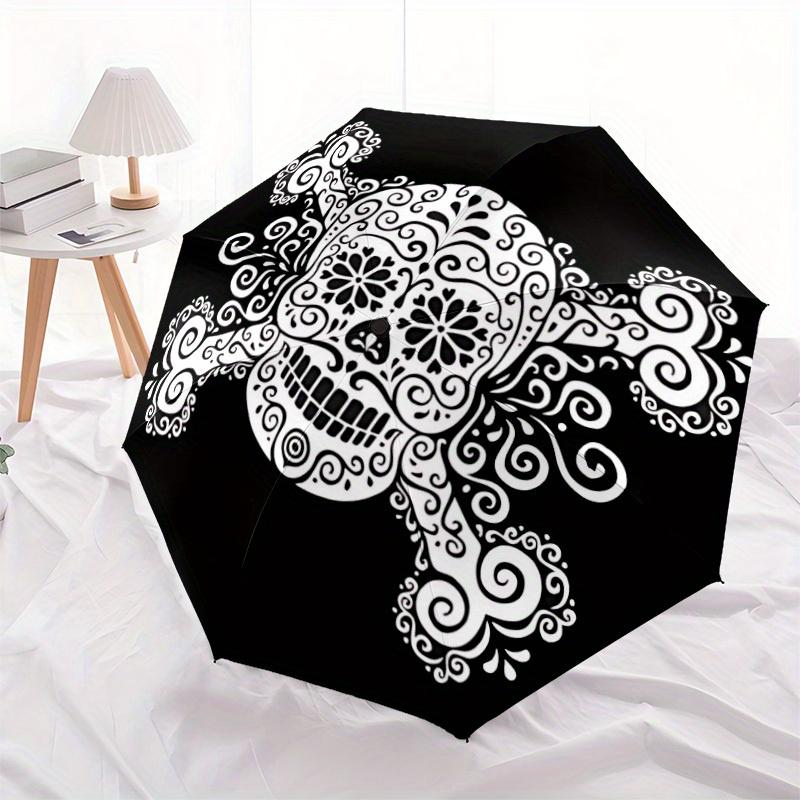 1pc Skull DayOfTheDead Automatic Open/close, Heavy-Duty Iron Frame & 8-Rib Structure, Compact Folding Umbrella for Women/Men, All-Season Travel, Hallo