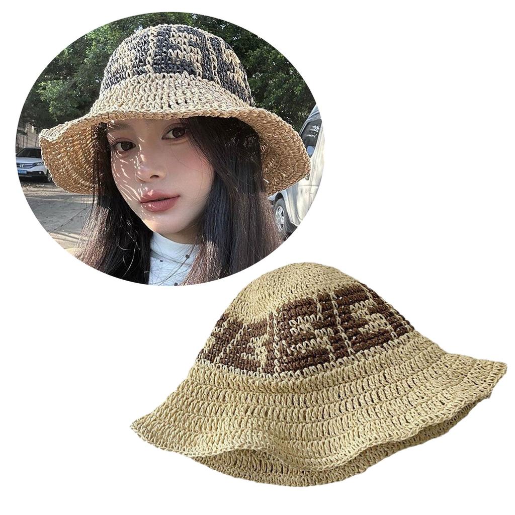 Handcrafted Crochet Fisherman Hat Embroidered Letters Wide Brim Foldable Breathable Straw Sun Hat For Beach Vacation Outdoor Activities