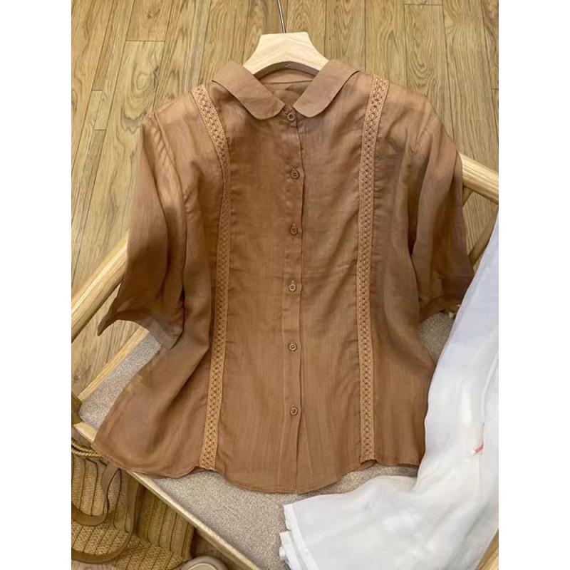 Women s Retro Short-Sleeve Solid Color Lapel Top - Summer Lightweight Artistic Design Medium