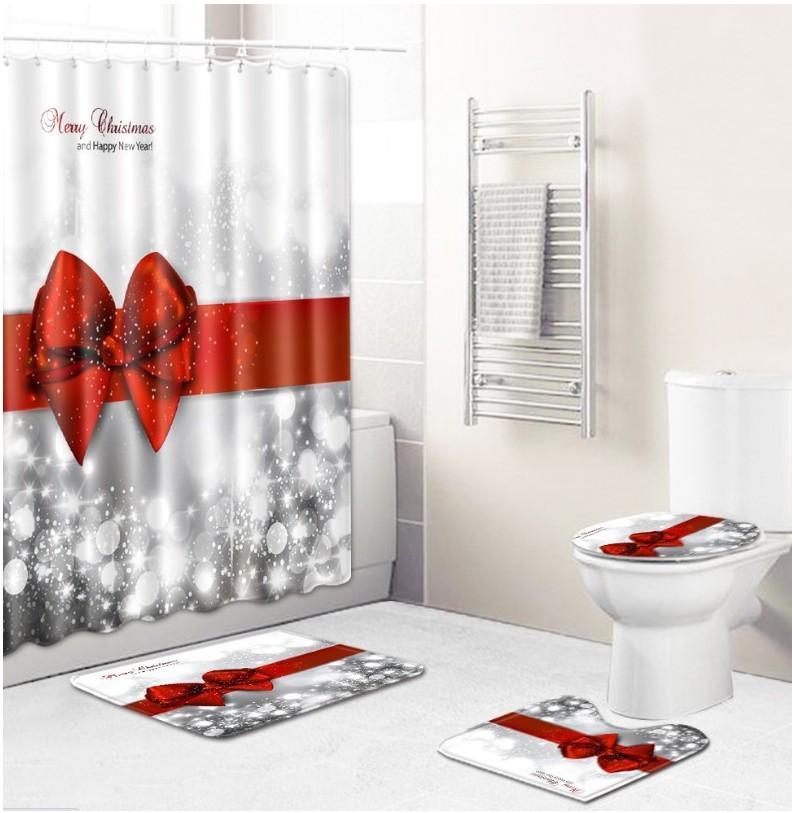 Christmas Toilet Seat Shower Curtain Four-Piece Printed Floor Mat Set Bathroom Floor Mat Bedroom Absorbent Door Mat Carpet