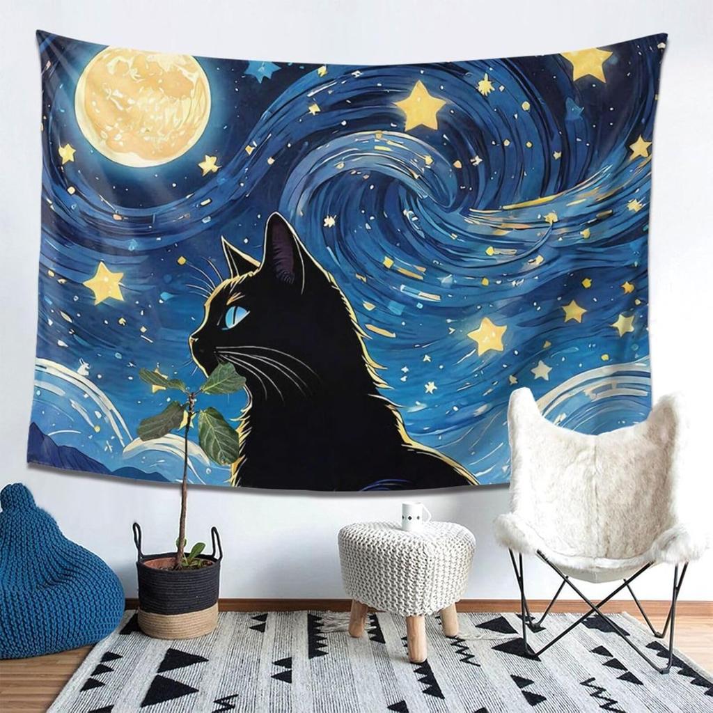 Tapestry Black Cat Starry Sky Moon Tapestry Wall Hanging Home Decorations Wall Blanket Decor for Living Room Bedroom Dorm