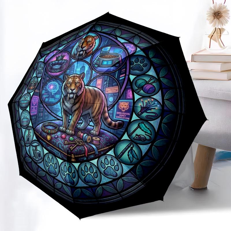 Cybernetic Tiger pattern umbrella, portable and foldable design, 8 ribs, a casual accessory for Halloween, Christmas, and birthday gifts.