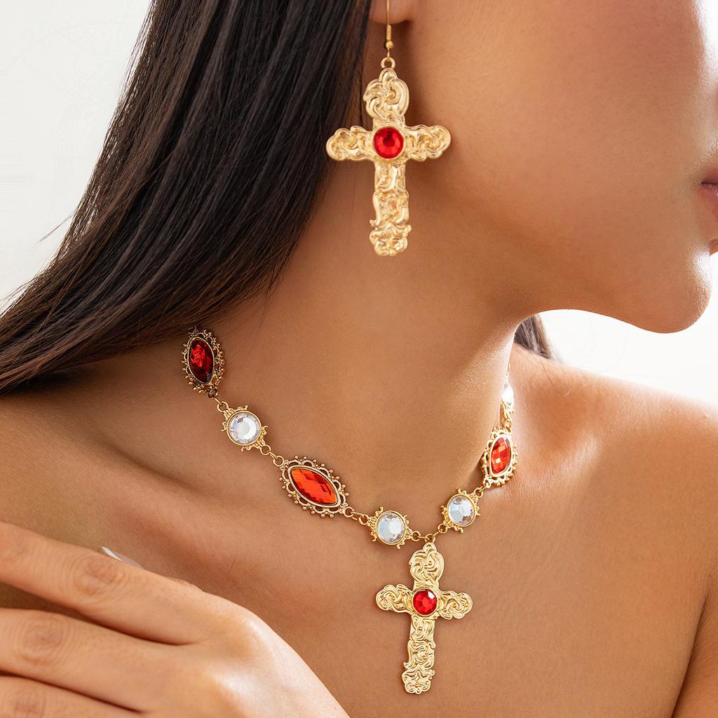 Exaggerated ruby micro-cross pendant necklace, temperament lava liquid alloy necklace women