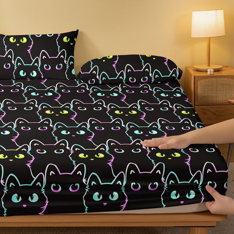 1 Simple Modern Animal Little Cat Printed Matte Fitted Sheet, Bedroom Printed Bed Cover, Bedding (Excluding Pillowcases)