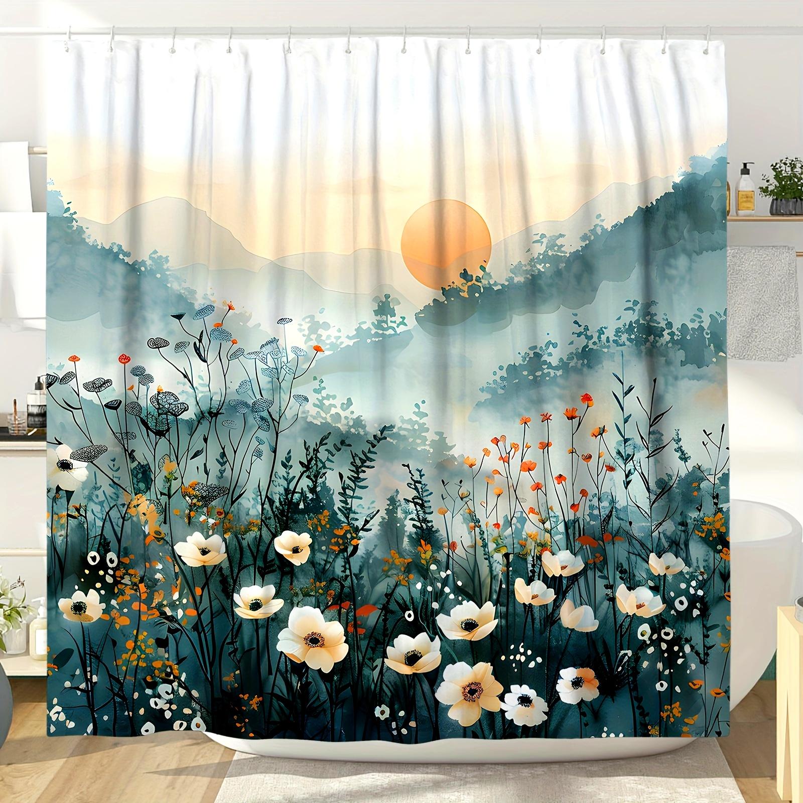 

Vintage Floral Mountain Shower Curtain, Green Orange Beige, Polyester, 71x71 Inch, 12 Hooks, Bathroom Decor W90xH180cm белый