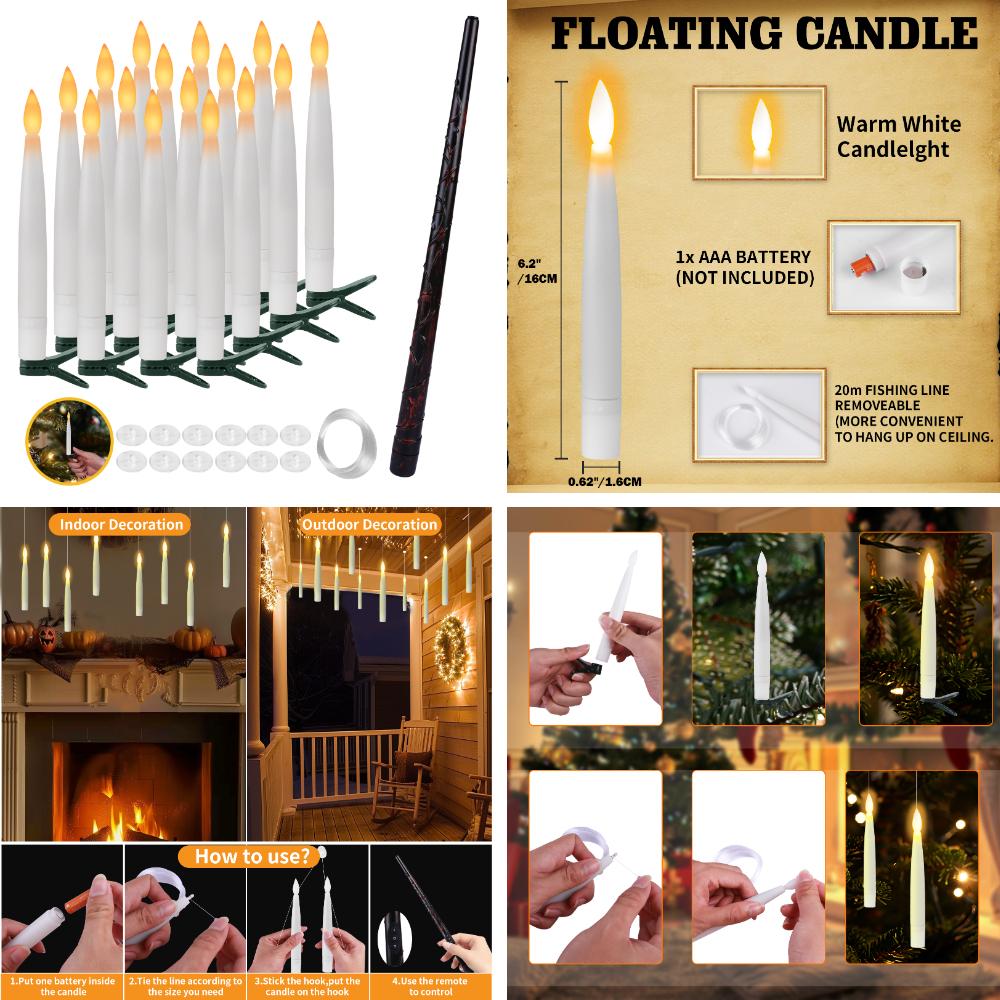 6/8/12Pc Hanging Floating Candles with/without Remote Flameless Flickering Taper Candles Dripless Handheld LED Candles Lights