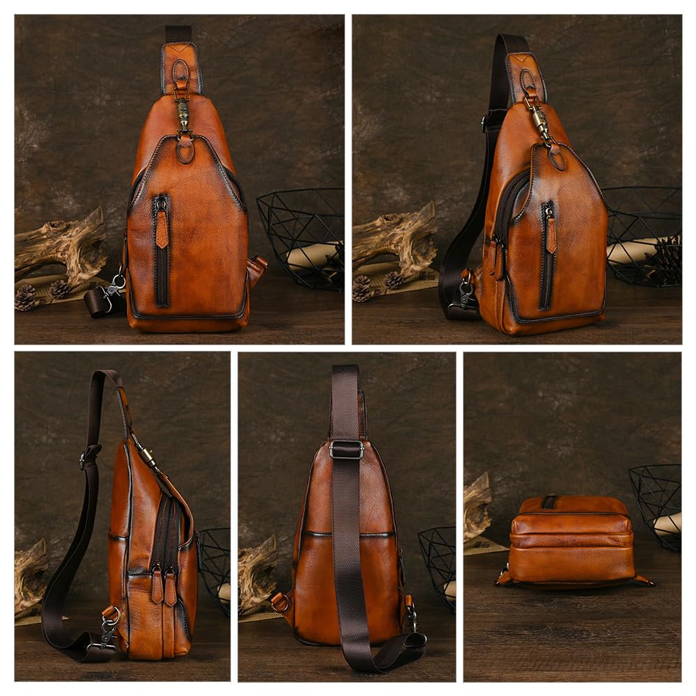 Whatna Antique-Style Tanned Natural Cowhide Leather One-Shoulder Men's Bag, Body Bag, Chest Bag, Crossbody Bag, Genuine Thick Leather, Gift for Men,
