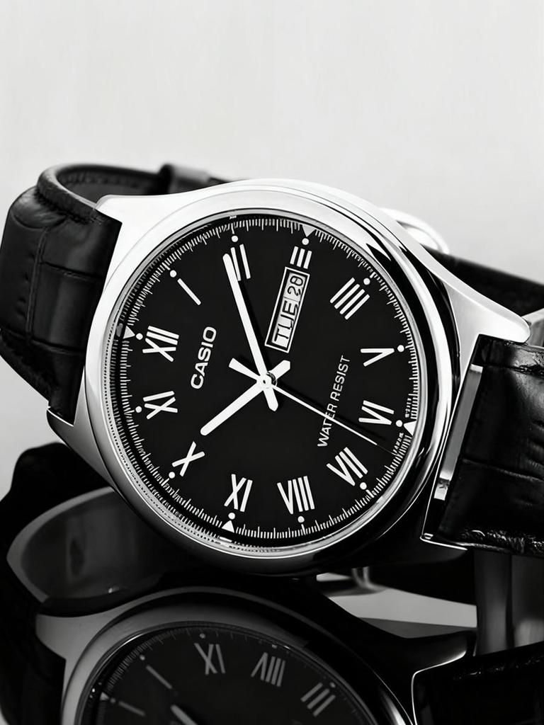 Casio - Leather Strap Black Dial with Date Men's Quartz Watch MTP-V006L-1B