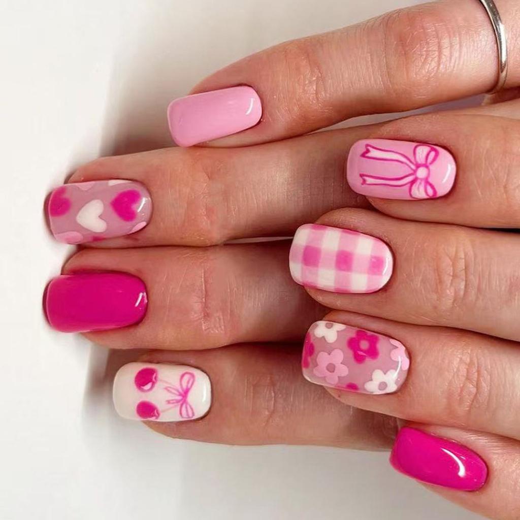 24 Pcs Lovely Flowers False Nail Sweet Heart Artificial Nail Glossy Full Cover Stick On Nail Medium Square Press On Nail