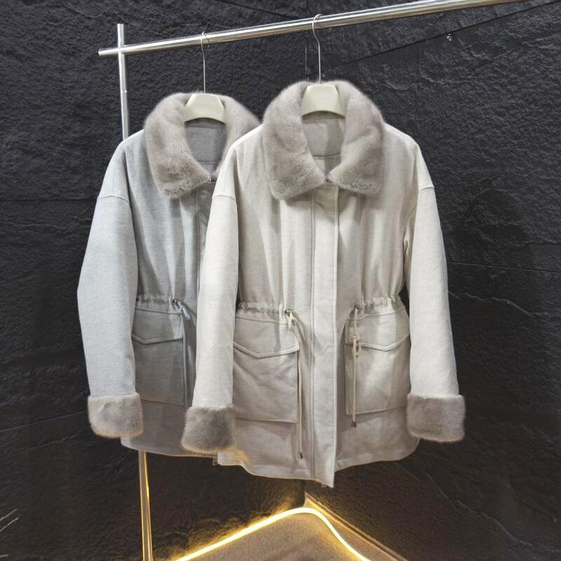 Donghaining fur pie overcomes women, imported mink collar fur integrated goose down jacket, solid