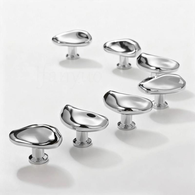 Creative Furniture Silver Shiny Wardrobe Door Pulls Solid Brass Handles Shoe Cabinet Kitchen Drawer Irregular Pebble Small Knobs