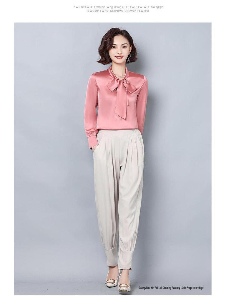 2025 Neues Damen Übergröße Langarm Maulbeerseidenhemd: Vielseitige Unifarbe für Frühling & Herbst