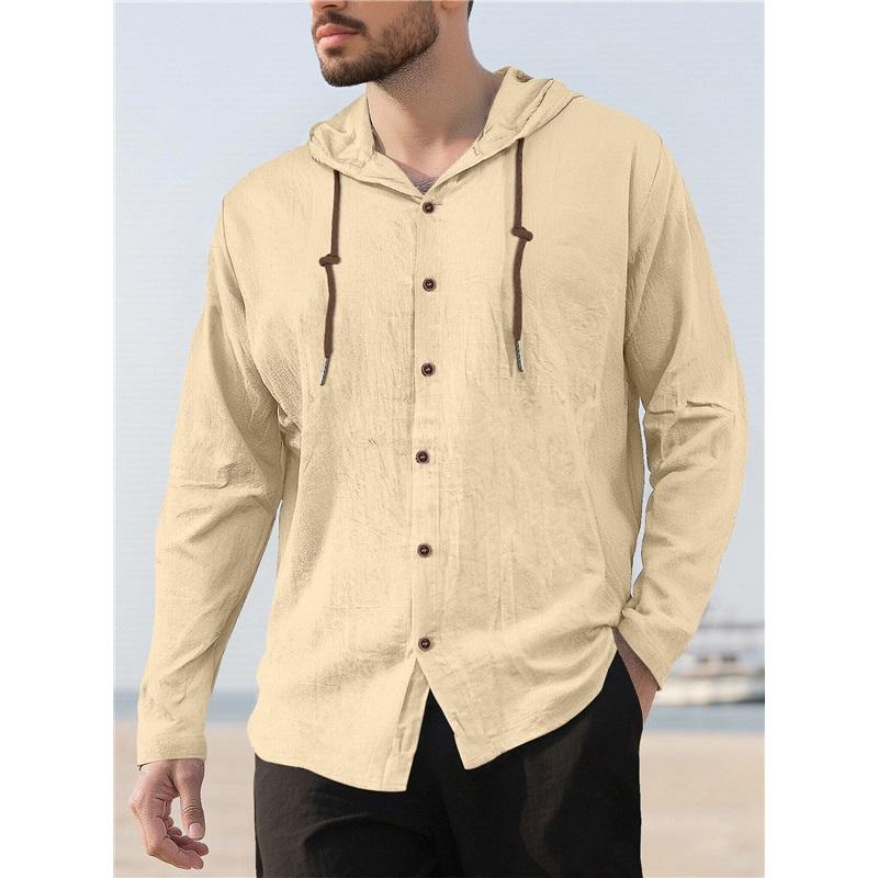 T-shirt con cappuccio estiva da uomo, nuova, tinta unita, cotone e lino, camicia casual a maniche lunghe da uomo, top da spiaggia