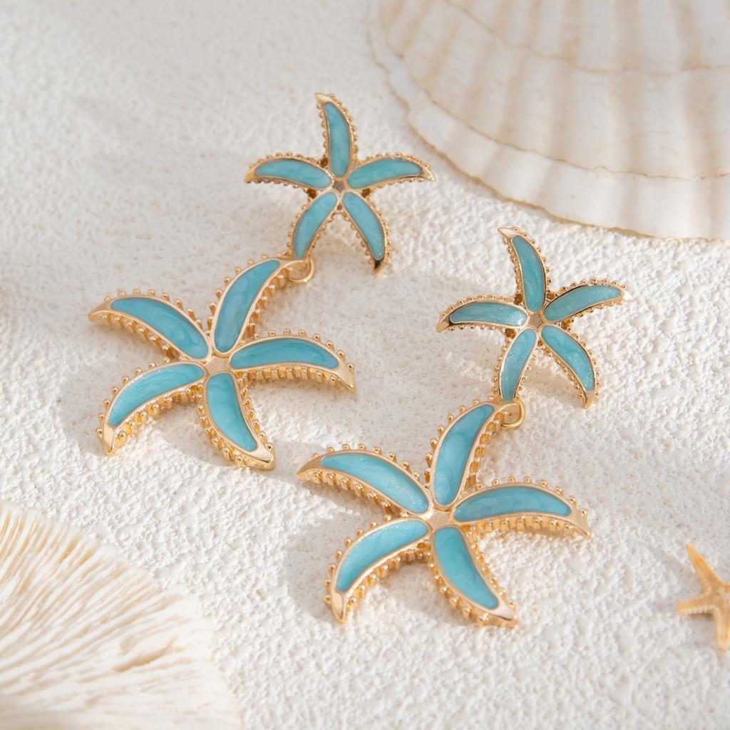 Fashionable Alloy Blue Color Starfishes Drop Earrings Flower Pendant Piercing Ear Accessory for Parties and Gatherings