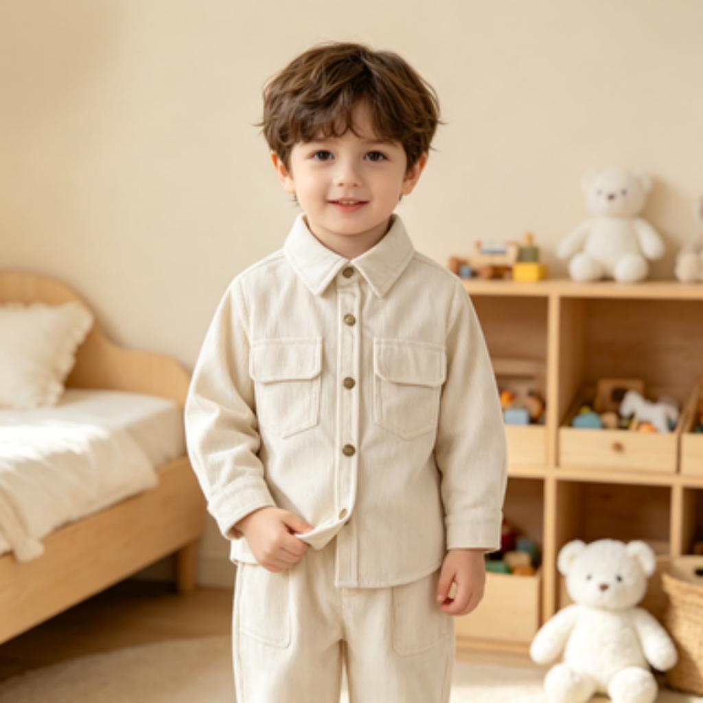 Boys' Casual Cotton Long Sleeve Stand Collar Shirt for Spring Everyday Wear