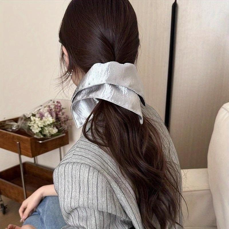 Korean-style Shiny Fabric Silvery Square Scarf Large Intestine Hair Tie for Women Low Ponytail Hair Rope