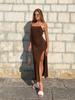 2026 European & American Style Spaghetti Strap Bodycon Dress - Waist-Cinched, Long Skirt with Sexy Slit In Solid Color.