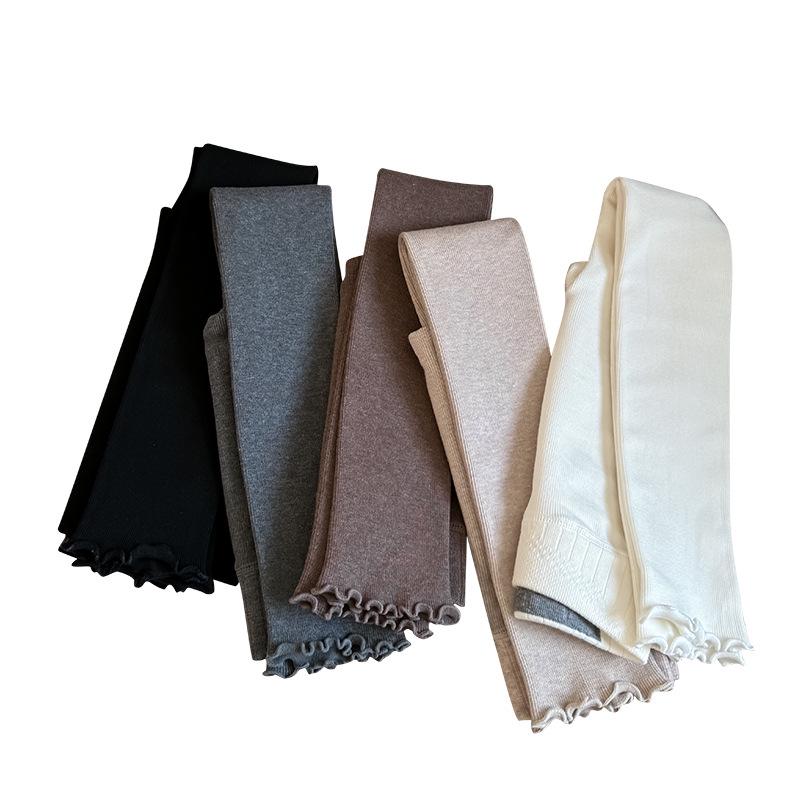 2025 Autumn/Winter Girls' Ruffle Edge Brushed Leggings - Solid Color, Versatile, Elastic Nine-Point Pants