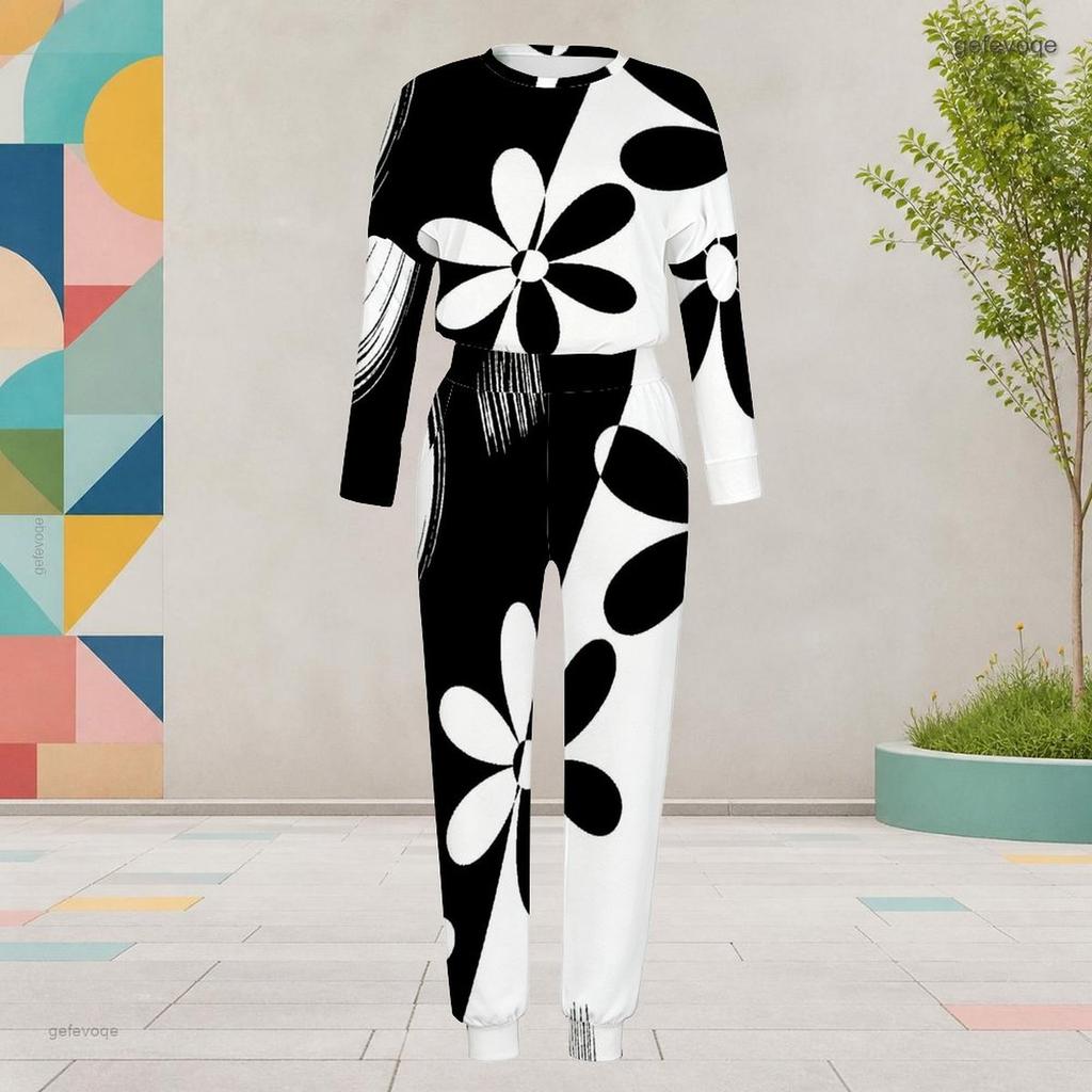 Women Plus Size Round Neck Long Sleeve Printed Two Piece Set Black White Cuffed Top Cuffed Pants With Pockets