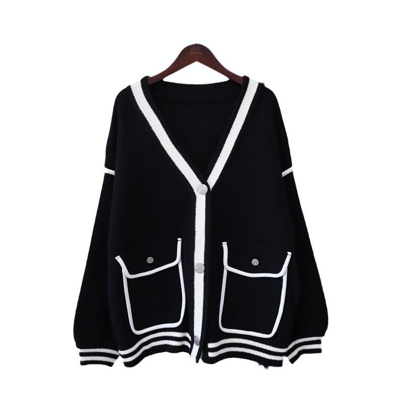 Contrasting Color Loose Knitted Double-sided Cardigan Autumn and Winter New Casual Versatile Temperament Sweater Jacket Women