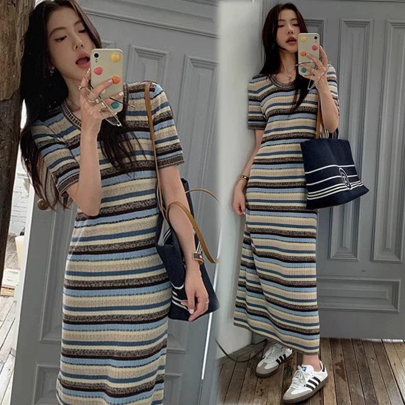 Summer 2026 Korean Chic Striped Knit Maternity Maxi Dress Large