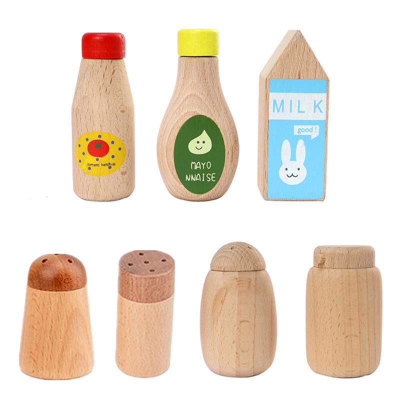 Toddler Pretend Play Kitchen Set: Wooden Pepper, Seasoning, & Soy Sauce Bottles