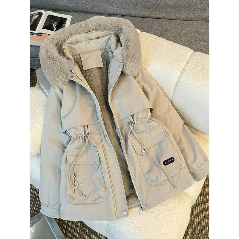 Parker Clothing Women's Winter Plus Velvet Padded Jacket, Plus Size Loose Hooded Tooling Padded Jacket, Warm Padded Jacket