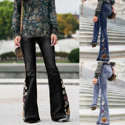 Senhora cintura alta estiramento calças finas bordado bota corte calça jeans comprimento
